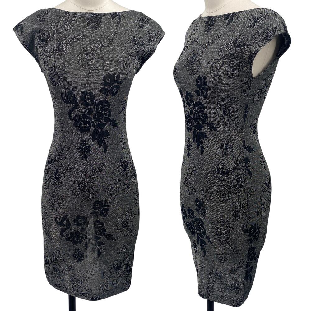 Vintage 90s All That Jazz Floral Metallic Knit Mini Dress Boatneck Silver XS